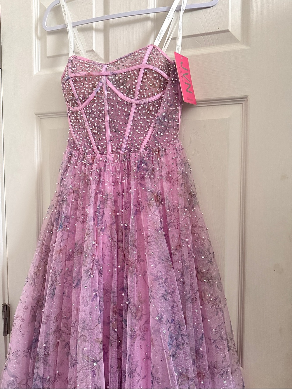 Jovani JVN Strapless Pink Sparkle Floral Tulle Ball Gown Style Party Dress